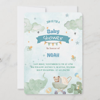 Sage Green Cute Elephant Teddy Bear Boy Baby Inbjudningar