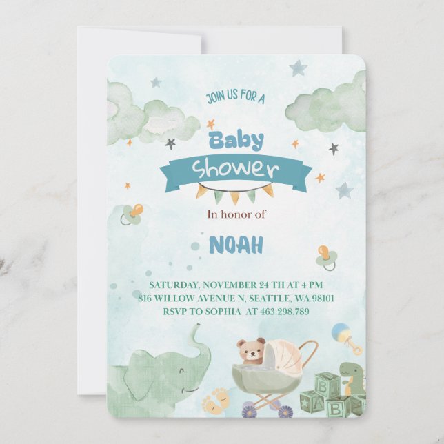 Sage Green Cute Elephant Teddy Bear Boy Baby Inbjudningar (Framsida)