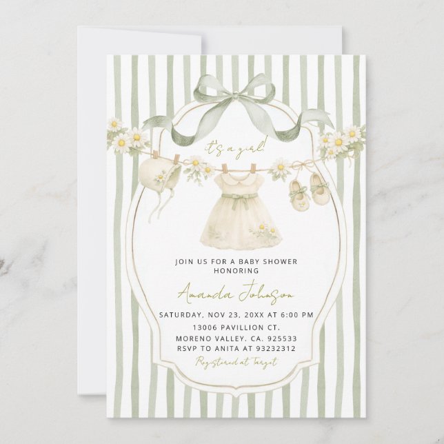 Sage Green Daisy Clothesline Baby Shower Invite Inbjudningar (Framsida)