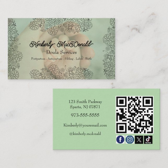 Sage Green-doula-skript social ikon QR-kod foto Visitkort (Fram/baksida)