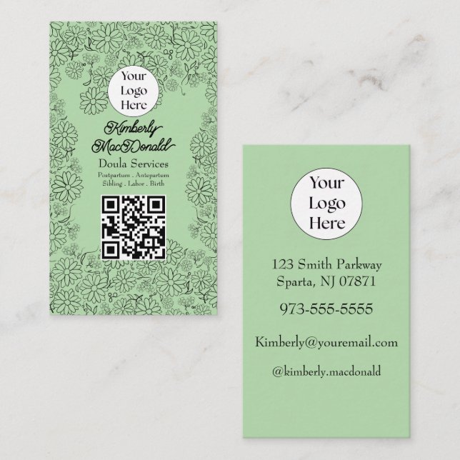 Sage Green dula-tjänster skriptlogotyp QR-kod Visitkort (Fram/baksida)