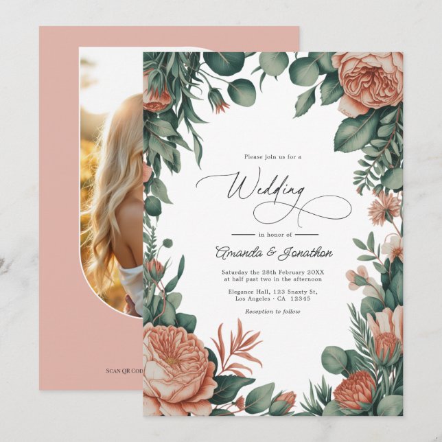 Sage Green & Dusty Peach Watercolor Floral Wedding Inbjudningar (Fram/baksida)