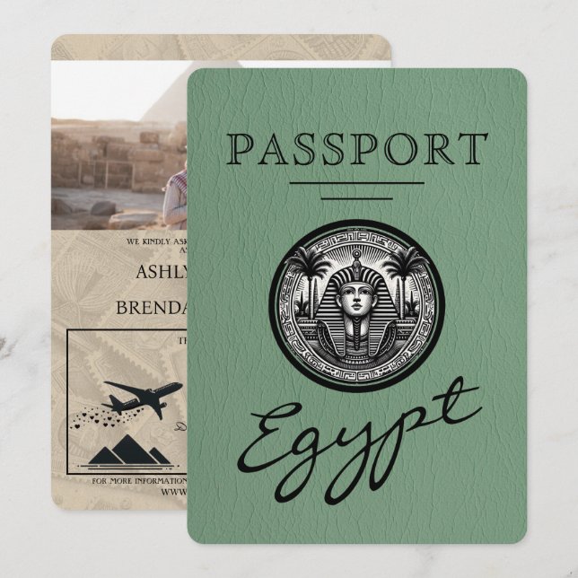 Sage Green Egypt Passport Wedding Invitation Inbjudningar (Fram/baksida)