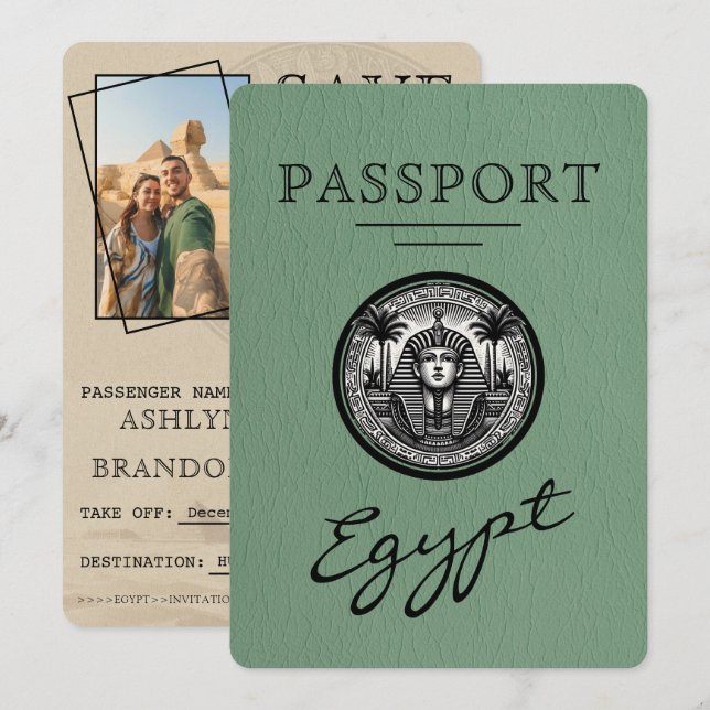 Sage Green Egypt Passport Wedding Save the Date Spara Datumet (Fram/baksida)