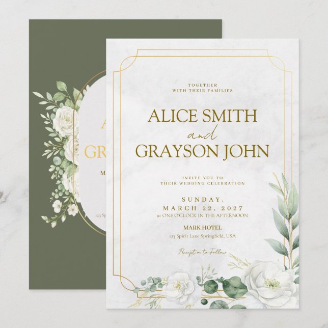 Sage Green Elegant Boho Floral Modern Wedding  Inbjudningar (Fram/baksida)