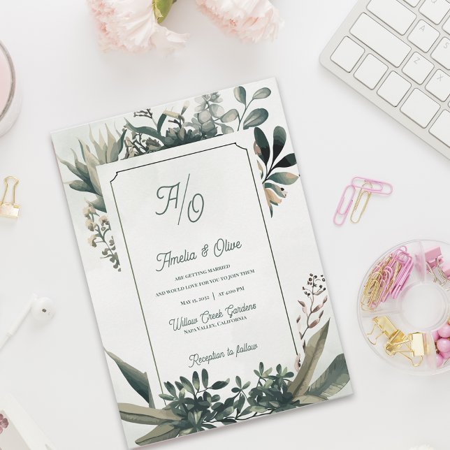 Sage Green Elegant Botanical Greenery Wedding Inbjudningar (Elegant Botanical Greenery Wedding Invitation Set | Sage Green Frame Garden Wedding Invite)