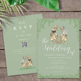 Sage Green Elegant Dinosaur Wedding QR Code Inbjudningar