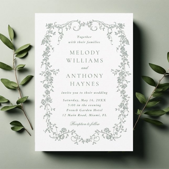 Sage Green Elegant French Floral Wedding  Inbjudningar (Skapare uppladdad)