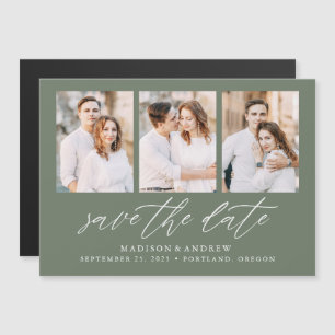 Sage Green Elegant Script 3 Foto Spara Datum Magnetisk Inbjudningskort