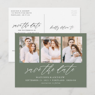Sage Green Elegant Script 3 Foto Spara Datum Meddelande Vykort