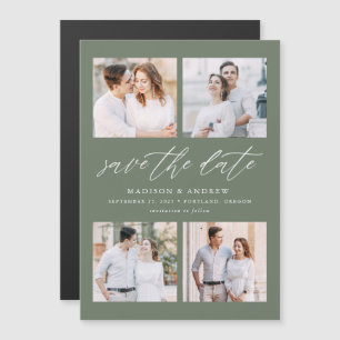 Sage Green Elegant Script 4 Foto Spara Datum Magnetisk Inbjudningskort