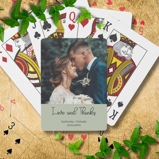 Sage Green Elegant Wedding Love and Thanks Photo Casinokort (Skapare uppladdad)