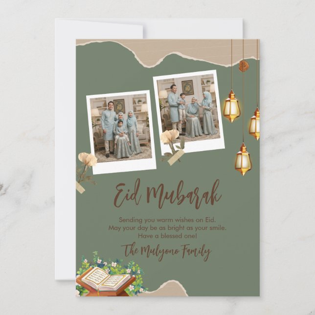 Sage Green Estetisk Eid Mubarak-kort med Foto Julkort (Framsida)