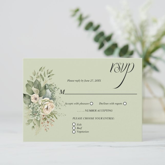 Sage Green Eucalyptus Botanical Floral RSVP | OSA Kort (Stående Fram)