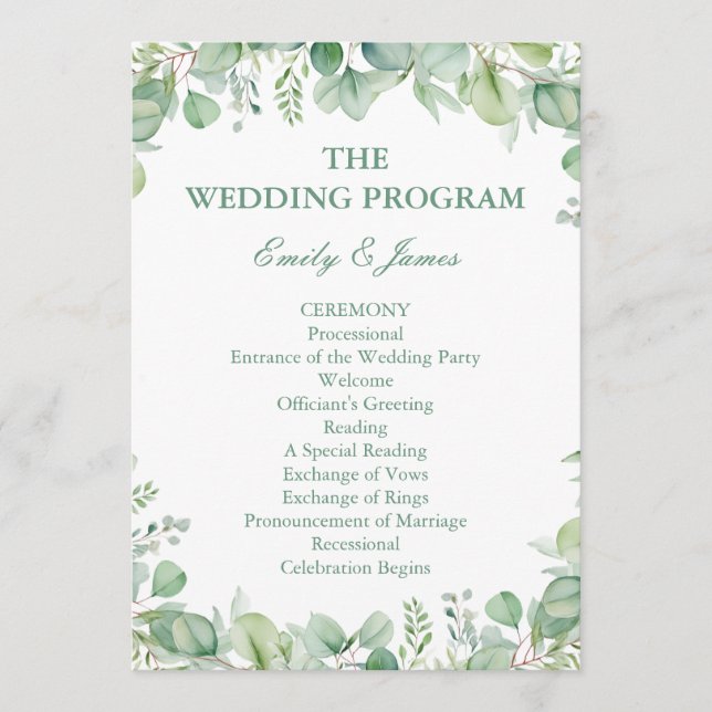 Sage Green Eucalyptus Botanical Wedding PROGRAM (Framsida)