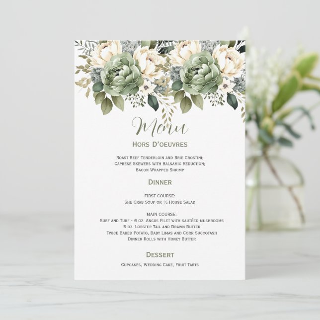 Sage Green Eucalyptus Floral Wedding | Menu Inbjudningar (Stående Fram)