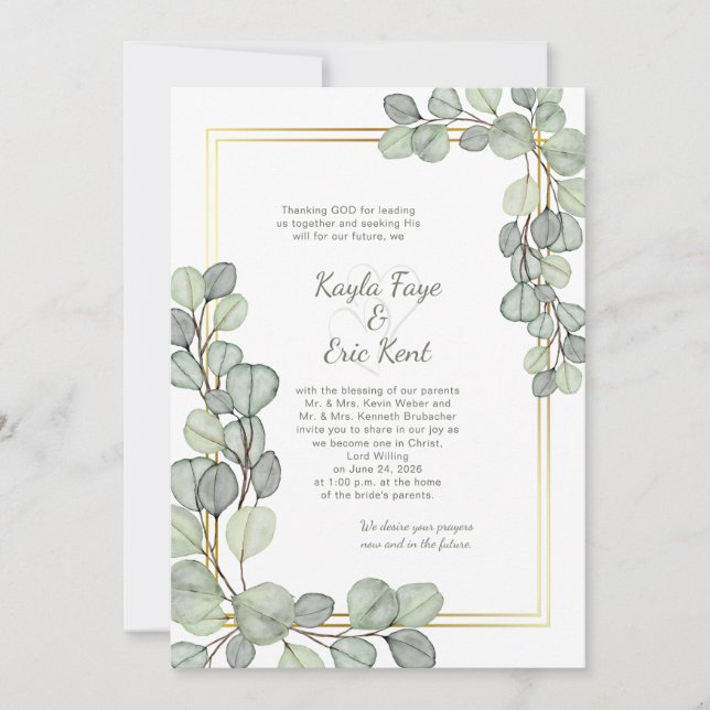 Sage Green Eucalyptus Gold Frame Wedding Inbjudningar (Framsida)