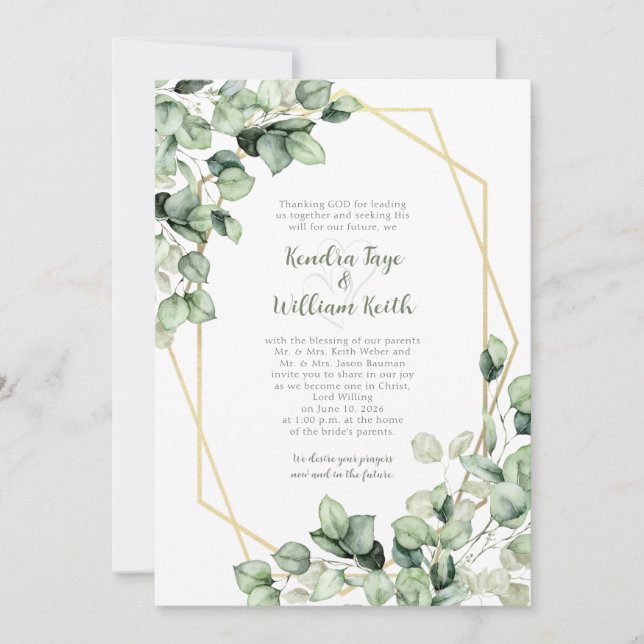 Sage Green Eucalyptus Gold Geometric Wedding Inbjudningar (Framsida)