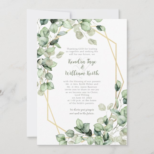 Sage Green Eucalyptus Gold Geometric Wedding Inbjudningar (Framsida)