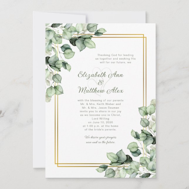 Sage Green Eucalyptus Greenery Gold Frame Wedding Inbjudningar (Framsida)