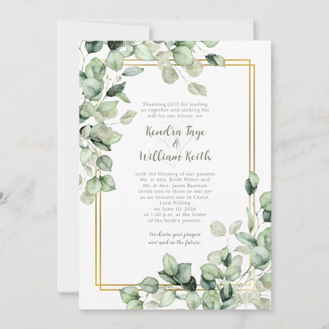 Sage Green Eucalyptus Leaves Gold Frame Wedding Inbjudningar (Framsida)