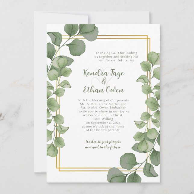 Sage Green Eucalyptus Leaves Gold Frame Wedding Inbjudningar (Framsida)