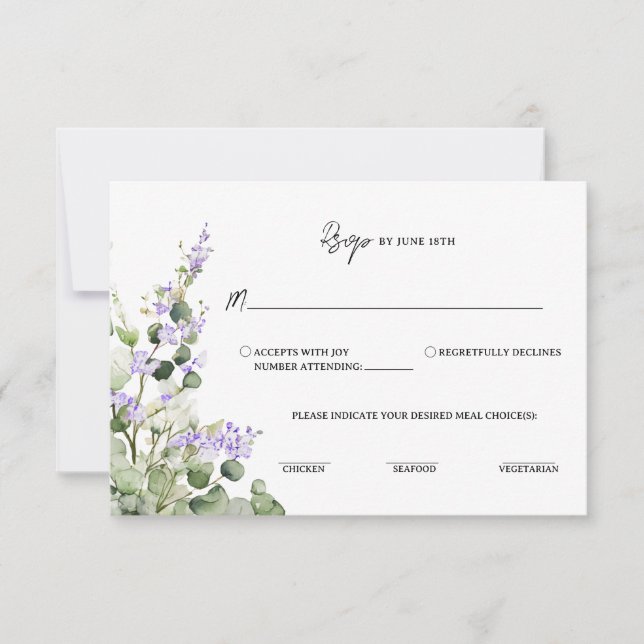 Sage Green Eucalyptus RSVP Card with Lilac Florals OSA Kort (Framsida)