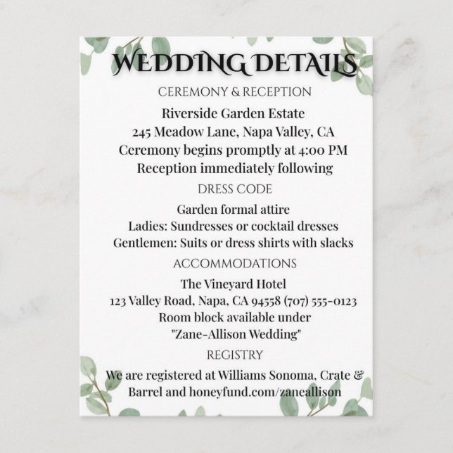 Sage Green Eucalyptus Wedding Info Card Tilläggskort (Framsida)