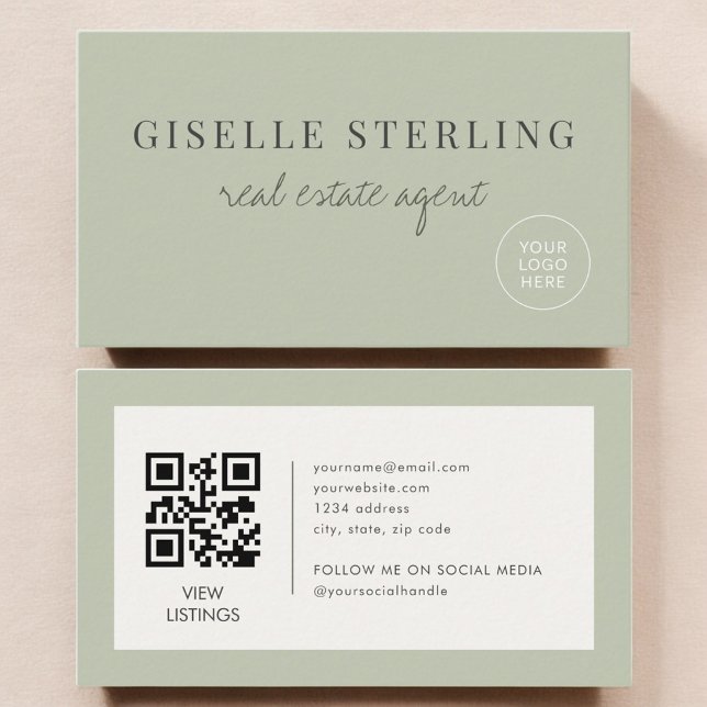 Sage Green Fastighetsmäklare Logo QR-kod Visitkort (Skapare uppladdad)