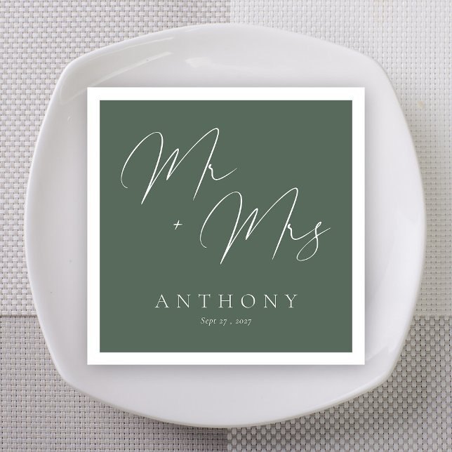 Sage Green fetmarker Mr + Mrs Bröllop Pappersservett (Sage Green Bold Marker Mr + Mrs Custom Wedding Napkins)
