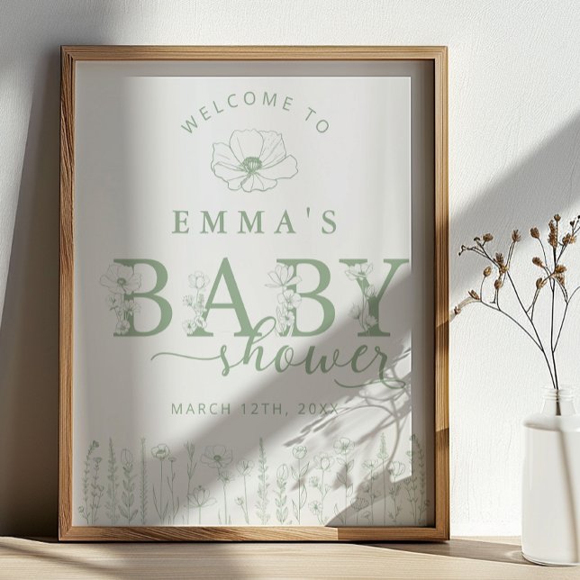 Sage Green Floral Baby Shower Welcome Sign Poster (Baby Shower Welcome Sign)