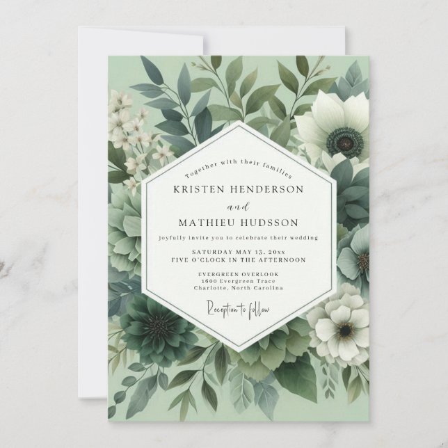 Sage Green Floral Bloom Wedding Inbjudningar (Framsida)
