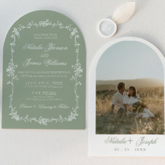 Sage Green Floral Boho Botanical Arched Wedding Inbjudningar