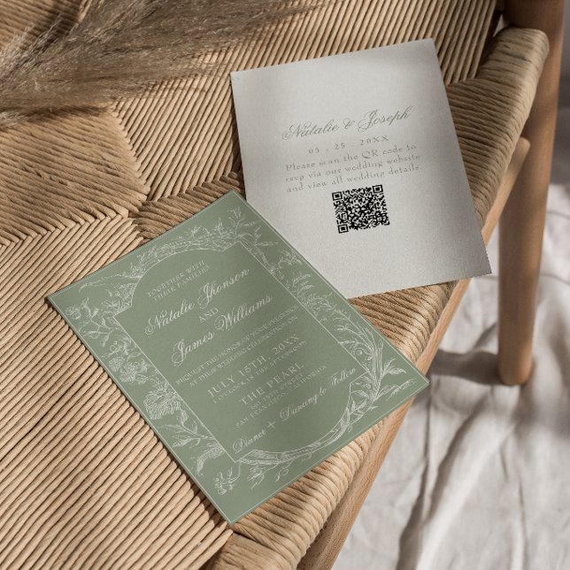  Sage Green Floral Boho Botanical QR Code Wedding Inbjudningar (Skapare uppladdad)