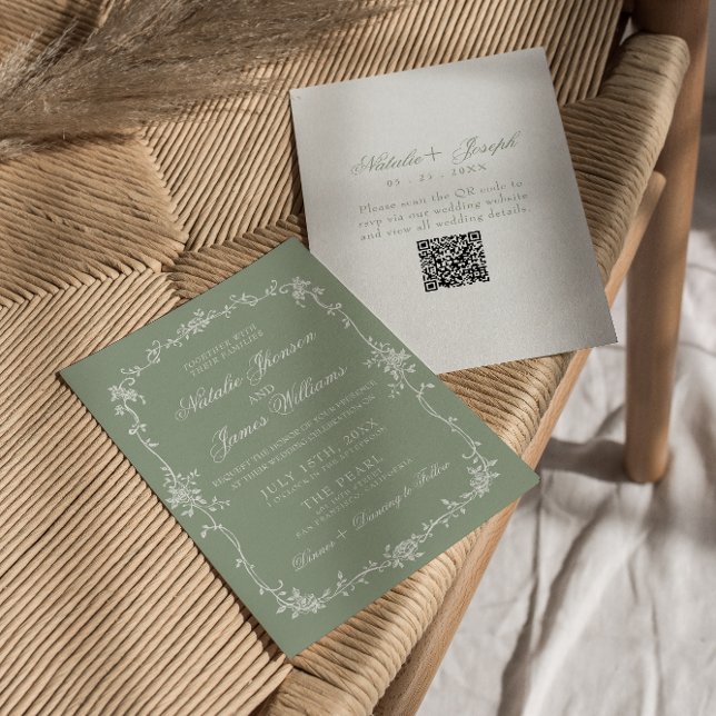Sage Green Floral Boho Botanical QR Code Wedding Inbjudningar (Skapare uppladdad)
