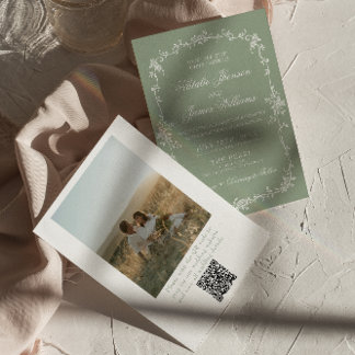 Sage Green Floral Boho Chic Photo QR Code Wedding Inbjudningar