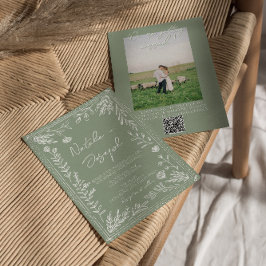 Sage Green Floral Botanical QR Code Photo  Wedding Inbjudningar