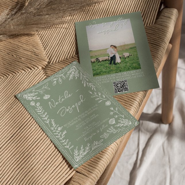 Sage Green Floral Botanical QR Code Photo  Wedding Inbjudningar (Skapare uppladdad)