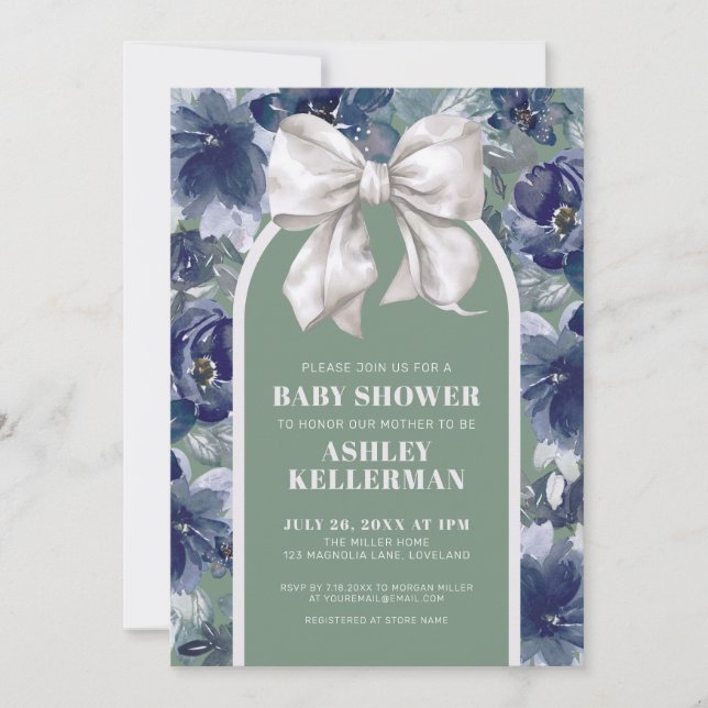 Sage Green Floral Bow Baby Shower Inbjudningar (Framsida)