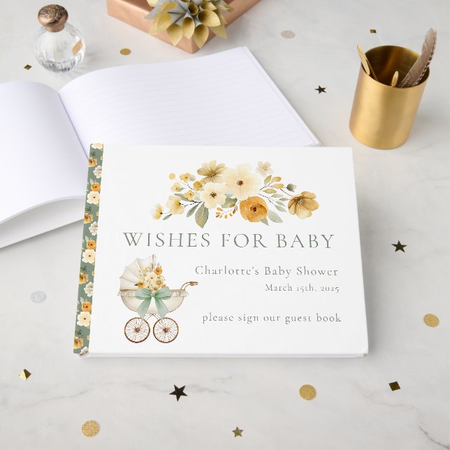 Sage Green Floral Carriage Baby Shower Guest Book Gästböcker (Framsida Öppen)