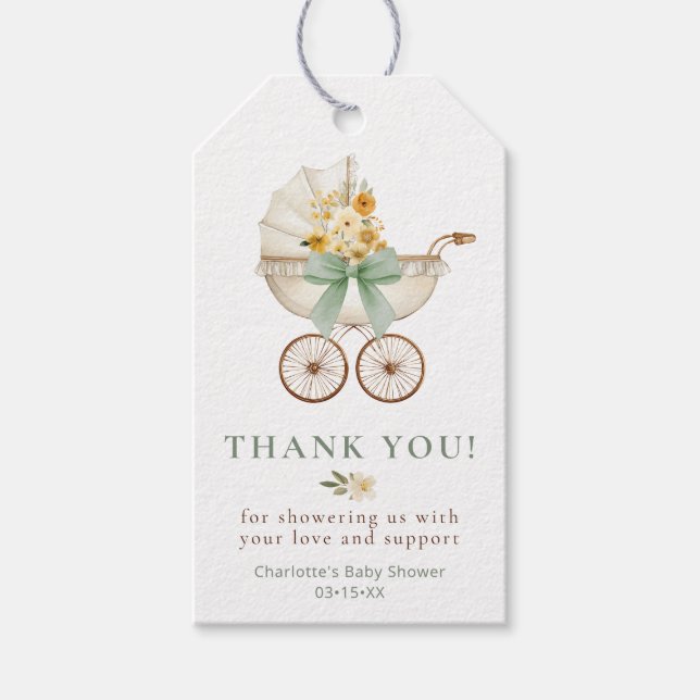 Sage Green Floral Carriage Baby Shower Thank You  Presentetikett (Framsidan)