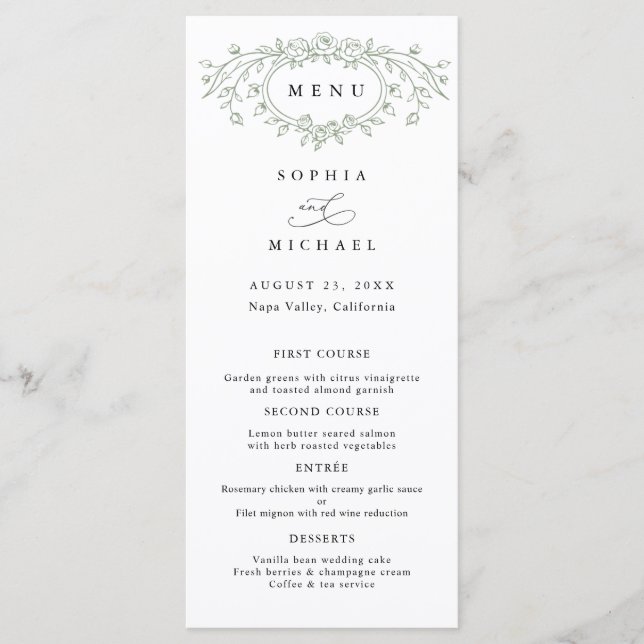 Sage Green Floral Line Art Wedding Flat Menu Meny (Framsida)