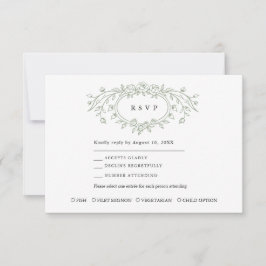 Sage Green Floral Line Art Wedding Response Card OSA Kort