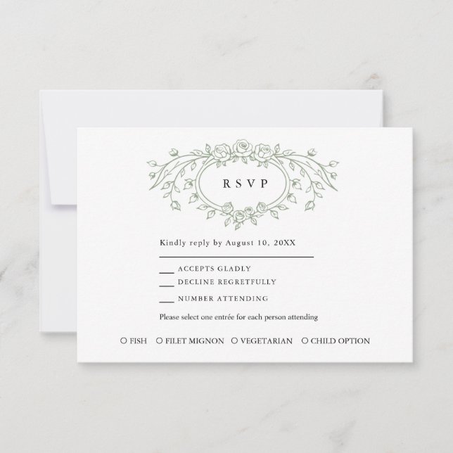 Sage Green Floral Line Art Wedding Response Card OSA Kort (Framsida)
