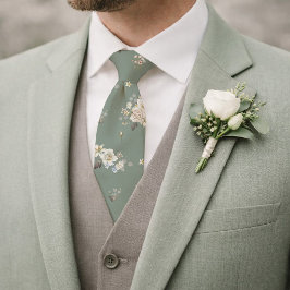 Sage Green Floral Necktie for Wedding Slips