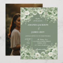 Sage Green Floral Photo Back Wedding  Inbjudningar