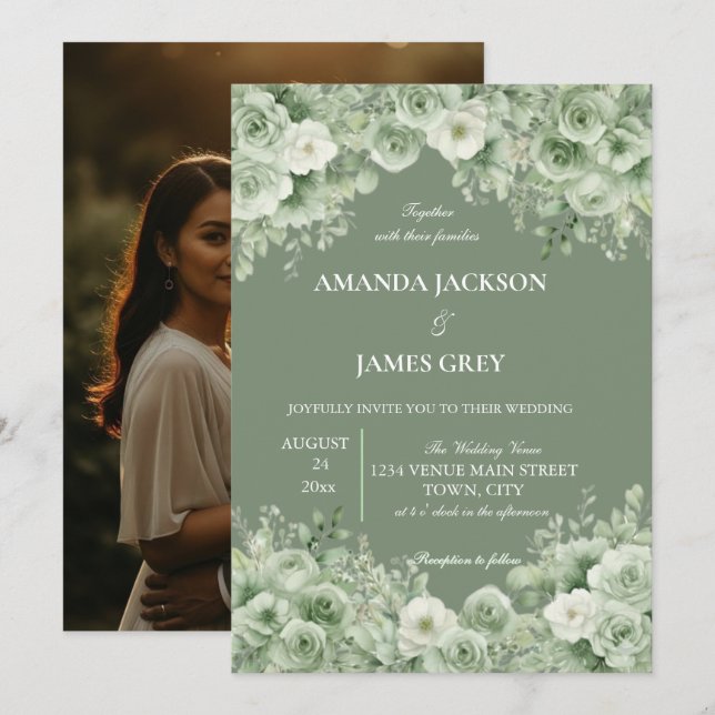 Sage Green Floral Photo Back Wedding  Inbjudningar (Fram/baksida)