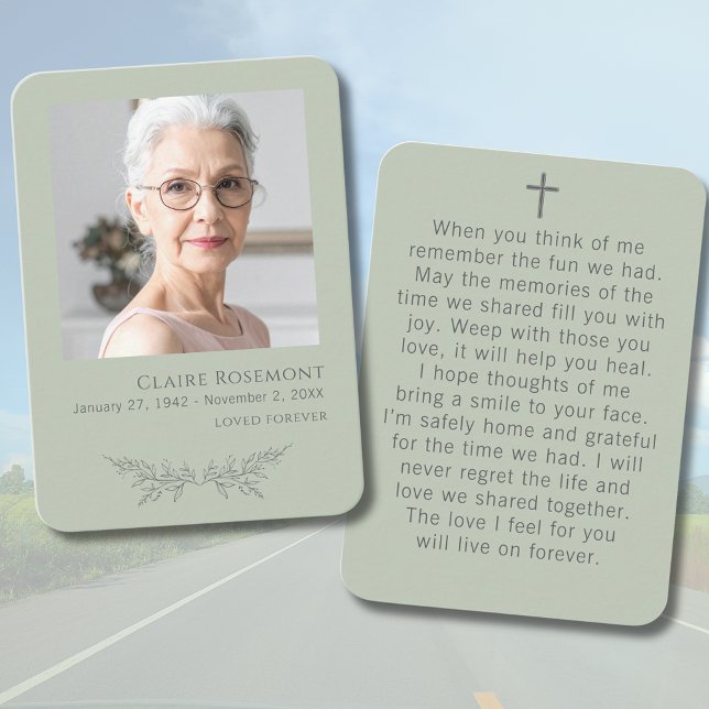 Sage Green Floral Photo Cross Funeral Prayer Card Visitkort (Sage Green Floral Photo Cross Funeral Prayer Card
)