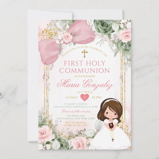 Sage Green Floral Pink Girl First Holy Communion Inbjudningar (Framsida)