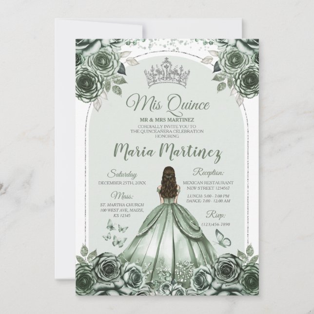 Sage Green Floral Silver Crown Princess Mis Quince Inbjudningar (Framsida)